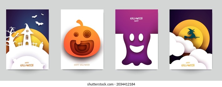 Happy halloween design background. Holiday collection cartoon composition in minimalistic modern layer style. Set templates for banner, poster, flyer, invitation card. Vector illustration.