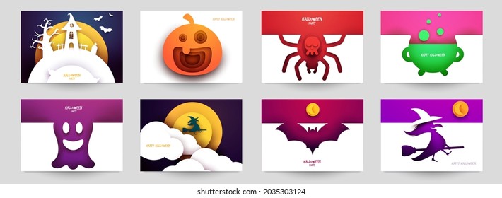 Happy halloween design background. Holiday collection cartoon composition in minimalistic modern layer style. Set templates for banner, poster, flyer, invitation card. Vector illustration.