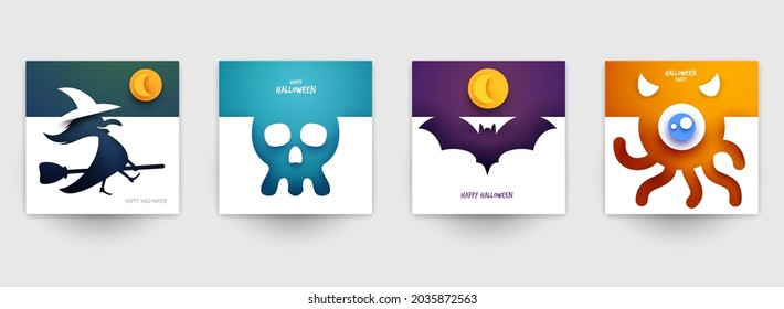 Happy halloween design background. Holiday collection cartoon composition in minimalistic modern layer style. Set templates for banner, poster, flyer, invitation card. Vector illustration.