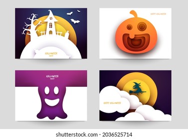 Happy halloween design background. Holiday collection cartoon composition in minimalistic modern layer style. Set templates for banner, poster, flyer, invitation card. Vector illustration.