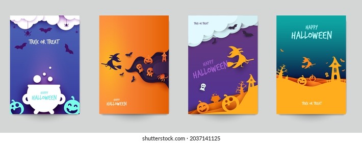 Happy halloween design background. Holiday collection cartoon composition in minimalistic modern layer style. Set templates for banner, poster, flyer, invitation card. Vector illustration.