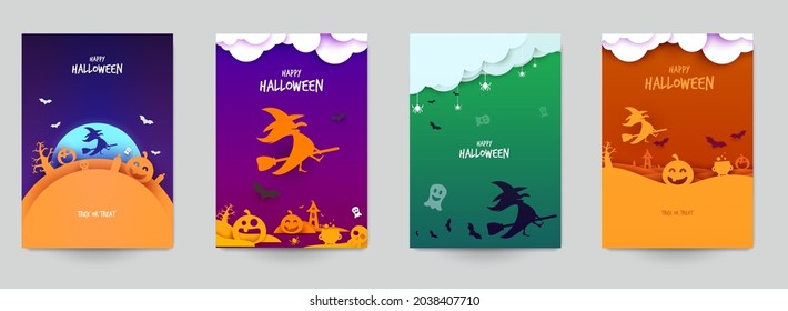 Happy halloween design background. Holiday collection cartoon composition in minimalistic modern layer style. Set templates for banner, poster, flyer, invitation card. Vector illustration.