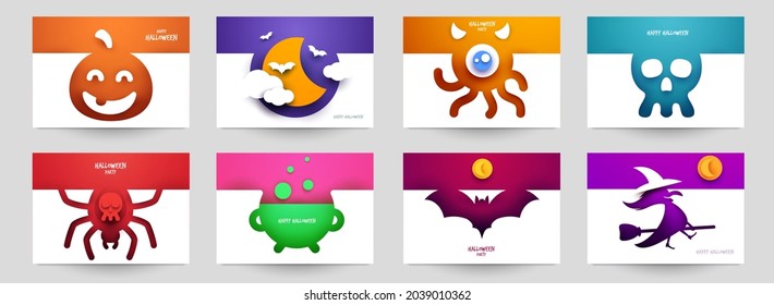 Happy halloween design background. Holiday collection cartoon composition in minimalistic modern layer style. Set templates for banner, poster, flyer, invitation card. Vector illustration.
