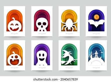 Joyeux halloween, arrière-plan design. Composition de bande dessinée de la collection Holiday dans un style moderne minimaliste. Définir des modèles pour la bannière, l'affiche, le prospectus, la carte d'invitation. Illustration vectorielle.