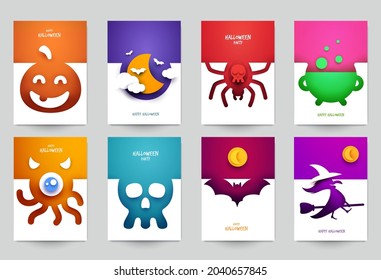 Happy halloween design background. Holiday collection cartoon composition in minimalistic modern layer style. Set templates for banner, poster, flyer, invitation card. Vector illustration.