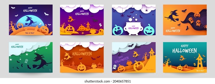 Happy halloween design background. Holiday collection cartoon composition in minimalistic modern layer style. Set templates for banner, poster, flyer, invitation card. Vector illustration.