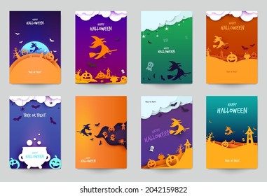 Joyeux halloween, arrière-plan design. Composition de bande dessinée de la collection Holiday dans un style moderne minimaliste. Définir des modèles pour la bannière, l'affiche, le prospectus, la carte d'invitation. Illustration vectorielle.
