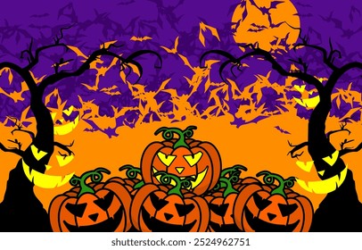 Happy Halloween design background with jack o lanterns or Halloween pumpkin and bats. Halloween day on October 31st