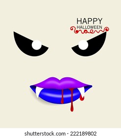 Happy Halloween design background with vampire mouth. Vector illustration.