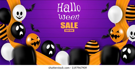 Happy Halloween . Design with balloons and bats on purple wood background . vector