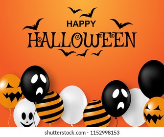 Happy Halloween . Design with balloons  on orange background . Vector.  for banner, poster, greeting card, party invitation. vector