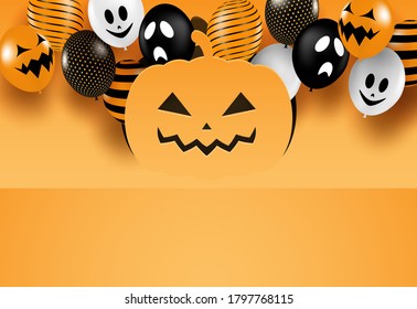 Happy Halloween. Design with balloons party on orange background. vector.