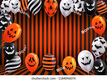 Happy halloween design banner. Ghost Balloons. Scary air balloons. Vector illustration. Isolated on orange background.