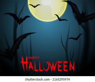 Happy Halloween . Design with bats , moon and dark forest. for banner, poster, greeting card, party invitation. vector