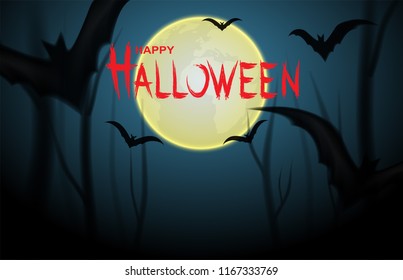 Happy Halloween . Design with bats , moon and dark forest. for banner, poster, greeting card, party invitation. vector