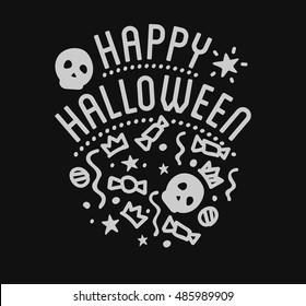 Happy Halloween design . Black badge and label with text inside. Holiday decoration emblem and sticker. Zombie party. Vector illustration.