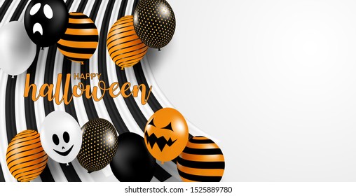 Happy Halloween . Design with black-white ribbon and balloons party on white background. vector.