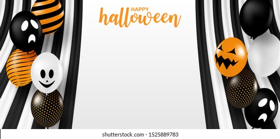 Happy Halloween . Design with black-white ribbon and balloons party on white background. vector.