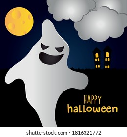 Happy halloween design with cartoon ghost and horror castle over blue dark background, colorful design, vector illustration