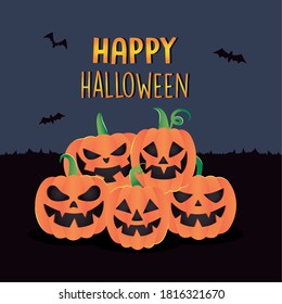 Happy halloween design with cartoon pumpkins over dark background, vector illustration
