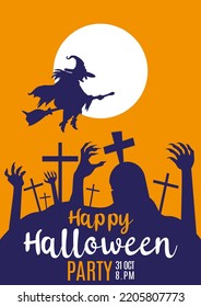 Happy halloween design with cemetery, grave, witch, zombie hands, moon, tree and bat scary. Orange silhouette over yellow background, vector illustration