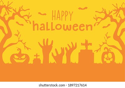 Happy halloween design with cemetery, pumpkins and scary zombie hands orange silhouette over yellow background, vector illustration