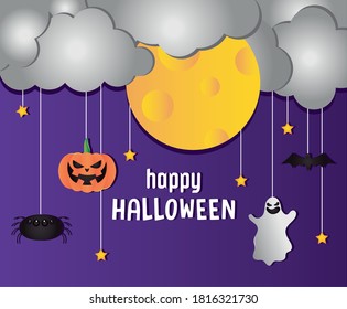 Happy halloween design with clouds, moon and cartoon related icons over purple background, vector illustration