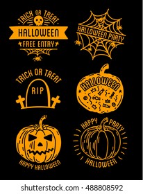 Happy Halloween design collection. Black badges and labels set with text inside. Holiday decoration emblem and stickers. Zombie party. Vector illustration isolated on white background.