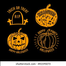 Happy Halloween design collection. Black badges and labels set with text inside. Holiday decoration emblem and stickers. Zombie party. Vector illustration isolated on white background.