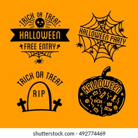 Happy Halloween design collection. Black badges and labels set with text inside. Holiday decoration emblem and stickers. Zombie party. Vector illustration isolated on white background.