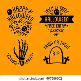 Happy Halloween design collection. Black badges and labels set with text inside. Holiday decoration emblem and stickers. Zombie party. Vector illustration isolated on white background.