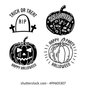 Happy Halloween design collection. Black badges and labels set with text inside. Holiday decoration emblem and stickers. Zombie party. Vector illustration isolated on white background.