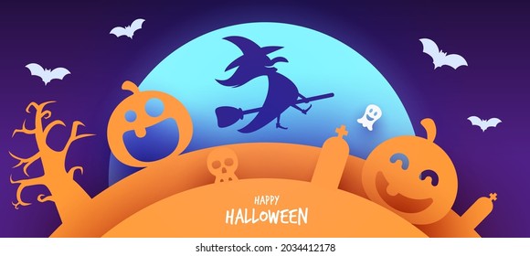 Feliz composición de diseño de halloween. Fondo de caricatura para banner, tarjeta, afiche, portada en papel de moda estilo minimalista lindo. Ilustración vectorial colorida.