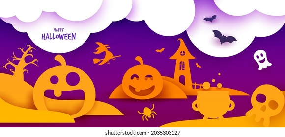 Happy halloween design composition. Cartoon background for banner, card, poster, cover in trendy paper cute minimalistic style. Colorful vector illustration.