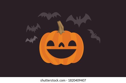 Happy Halloween design. Cute pumpkin with carved smile face, spooky season. Flying bats. Funny illustration. Trick or treat decoration.