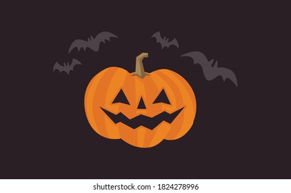 Happy Halloween design. Cute pumpkin with carved smile face, spooky season. Flying bats. Funny illustration. Trick or treat decoration.