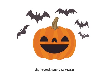 Happy Halloween design. Cute pumpkin with carved smile face, spooky season. Flying bats. Funny illustration. Trick or treat decoration.