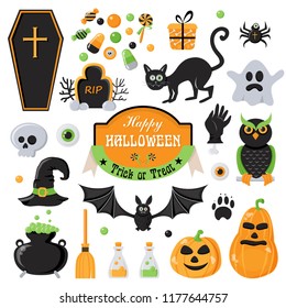 Happy Halloween design elements. Candy, coffin, grave, eye, hand, cat, ghost, spider, owl, pumpkin, trace, pot, potion, broom, hat, skull, inscription, bat. Vector illustration for your design