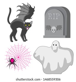 Happy Halloween design elements. Cat with wings tombstone Ghost spider web. Icons icons vector image. eps 10