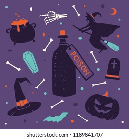 Happy Halloween design elements for decorating flyers, posters, greeting cards and banners. Symbol of Halloween: hat, pumpkin, skeleton, witch on broom, bones, bat, witches, bottle poison.