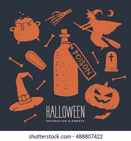 Happy Halloween design elements for decorating flyers, posters, greeting cards and banners. Symbol of Halloween: hat, pumpkin, skeleton, witch on broom, bones, bat, witches, bottle poison.