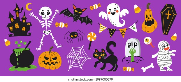 Happy Halloween design elements. Halloween festive items isolated on purple background. Hand-drawn cartoon style vector illustration. Great for props, greeting cards and Halloween stickers.