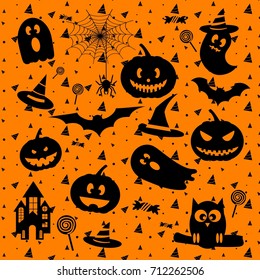 Happy Halloween design elements with ghost pumpkin, castle, bat, hat, spider web for greeting card, poster, banner, Vector illustration icon