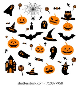 Happy Halloween design elements with ghost pumpkin, castle, bat, hat, spider web for greeting card, poster, banner, Vector illustration icon