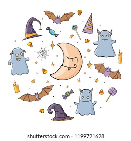 Happy Halloween design elements, isolated, white background. Autumn holidays. Vector illustration.