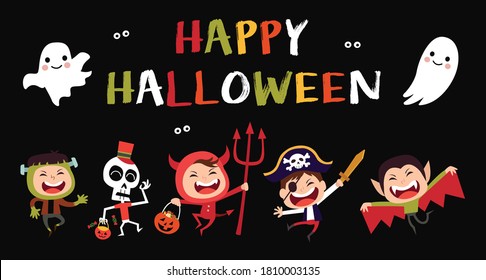 Happy Halloween design elements. Kids in halloween costumes.