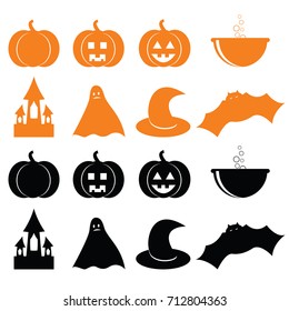 Happy Halloween design elements. Halloween design elements, labels, icons and objects.Pumpkin, castle,bat,witches cauldron,ghost, hat