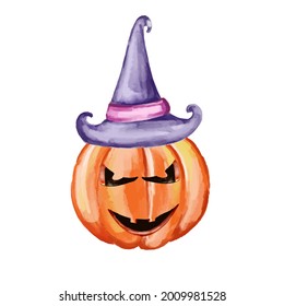 Happy Halloween design elements. Design elements, logos, badges, labels, icons and objects. Watercolor pumpkin with a hat.