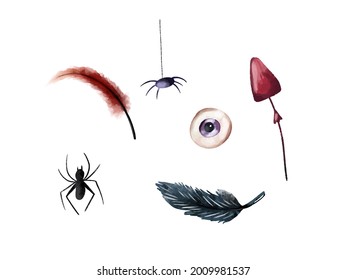 Happy Halloween design elements. Design elements, logos, badges, labels, icons and objects. Watercolor feathers, eyes, mushrooms. Halloween party with broom and witch hat