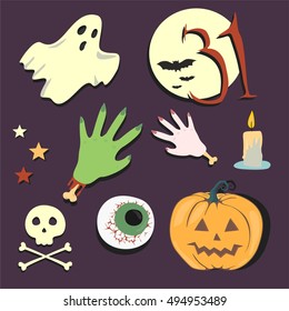 Happy Halloween design elements. Halloween design elements, logos, badges, labels, icons and objects. Halloween pumpkin, Halloween ghost, Halloween zombie hand, Halloween set, Halloween sticker, pin